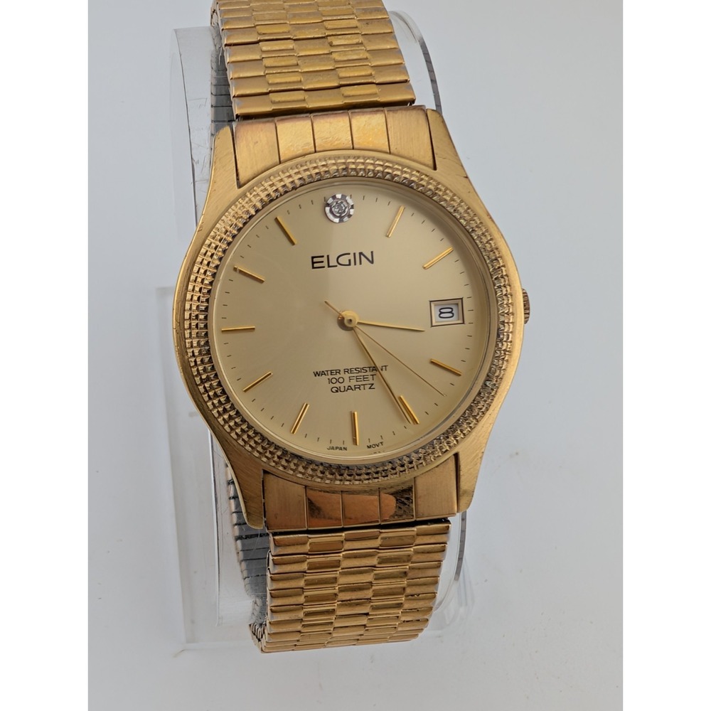 Elgin‎ Diamond Watch Men 32mm Case Gold Stretch Band- New Battery